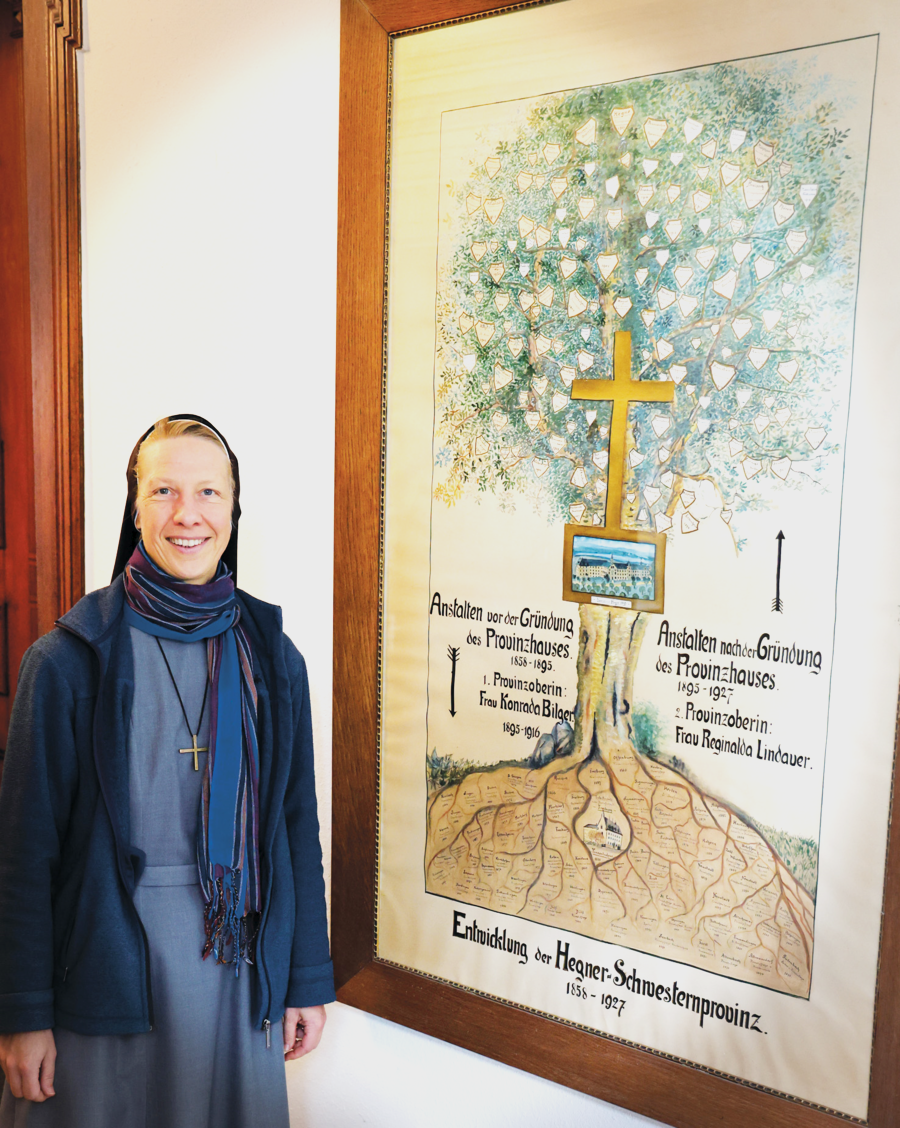Sr. Susanne neben dem Provinzbaum : In seinen Wurzeln sind Schwesterngemeinschaften vor der Provinzgründung aufgeführt und in seiner Krone Gemeinschaften, die danach entstanden sind.