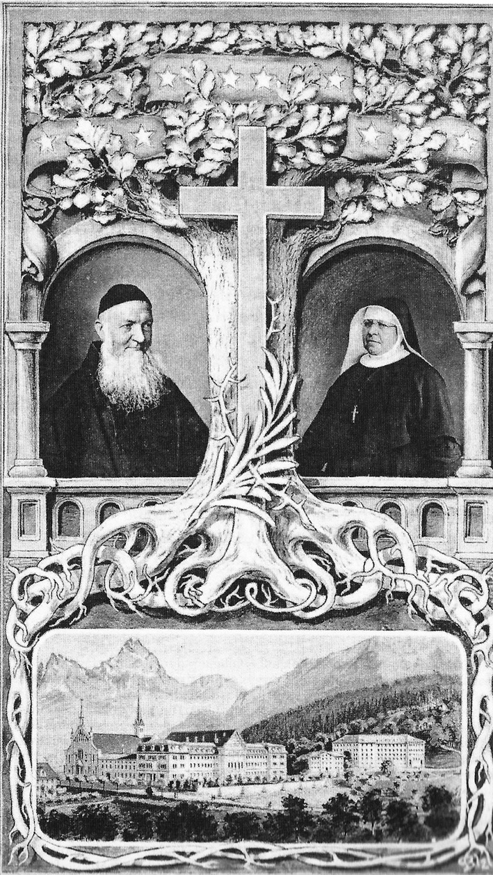 Pater Theodosius Florentini (1808–1865) und Mutter Maria Theresia Scherer (1825–1888) über einer Ansicht des Klosters Ingenbohl